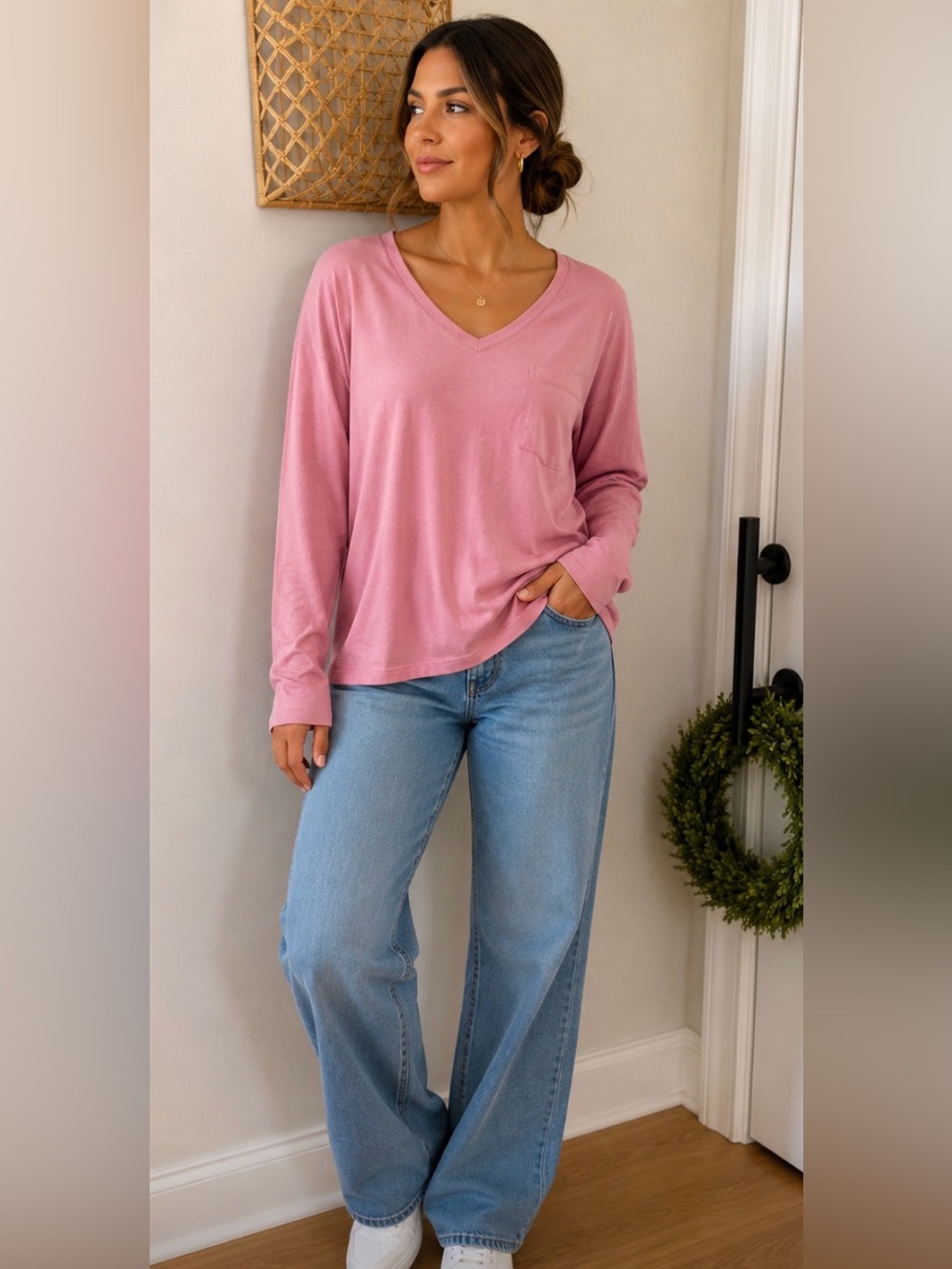 Chaser Pink Long-Sleeve V-Neck Pocket Tee